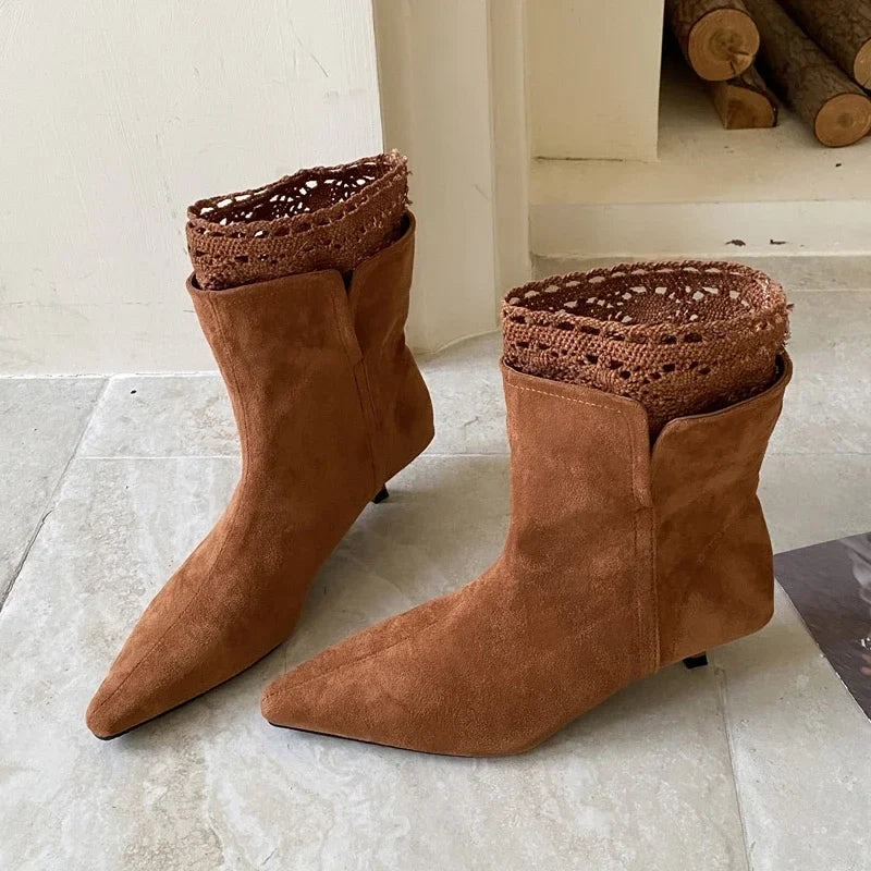 Pointed-Toe Faux Suede Ankle Boots Elegant Stiletto Heels